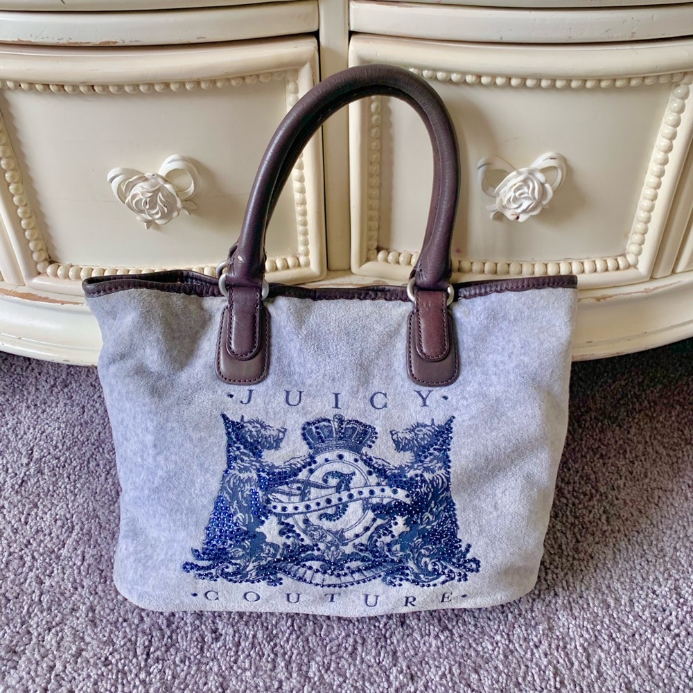Y2K Juicy Couture Grey and Blue Rhinestone Mini Tote Velour Bag